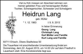 Traueranzeige von Heidrun Lang von Odenwälder Echo