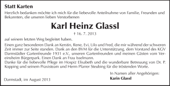 Traueranzeige von Karl Heinz Glassl von Echo-Zeitungen (Gesamtausgabe)
