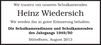 Traueranzeige von Heinz Wiedersich von Rüsselsheimer Echo, Groß-Gerauer-Echo, Ried Echo