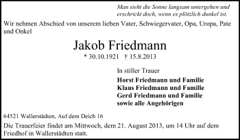 Traueranzeige von Jakob Friedmann von Rüsselsheimer Echo, Groß-Gerauer-Echo, Ried Echo