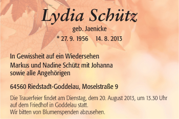 Traueranzeige von Lydia Schütz von Rüsselsheimer Echo, Groß-Gerauer-Echo, Ried Echo