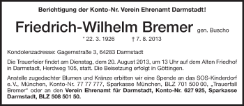 Traueranzeige von Friedrich-Wilhelm Bremer von Darmstädter Echo, Odenwälder Echo, Rüsselsheimer Echo, Groß-Gerauer-Echo, Ried Echo