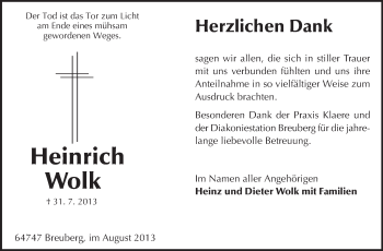 Traueranzeige von Heinrich Wolk von Odenwälder Echo