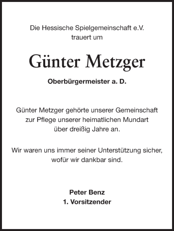 Traueranzeige von Günther Metzger von Echo-Zeitungen (Gesamtausgabe)
