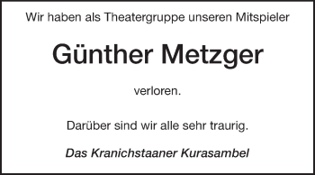 Traueranzeige von Günther Metzger von Echo-Zeitungen (Gesamtausgabe)