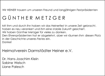 Traueranzeige von Günther Metzger von Echo-Zeitungen (Gesamtausgabe)
