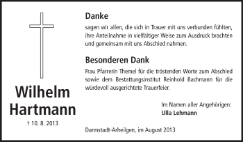 Traueranzeige von Wilhelm Hartmann von Echo-Zeitungen (Gesamtausgabe)