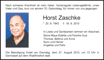 Traueranzeige von Horst Zaschke von Echo-Zeitungen (Gesamtausgabe)