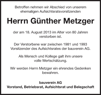 Traueranzeige von Günther Metzger von Echo-Zeitungen (Gesamtausgabe)