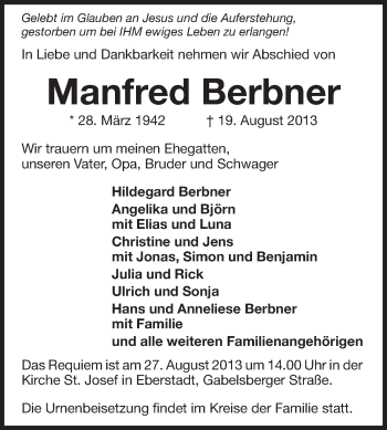 Traueranzeige von Manfred Berbner von Echo-Zeitungen (Gesamtausgabe)