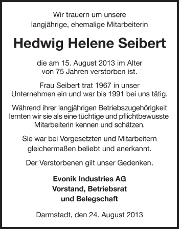Traueranzeige von Hedwig Helene Seibert von Echo-Zeitungen (Gesamtausgabe)