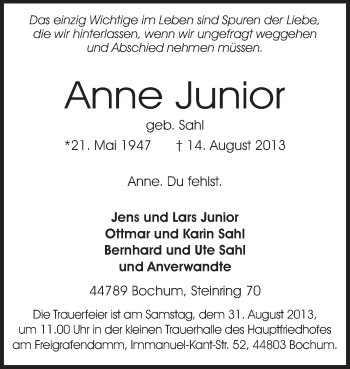 Traueranzeige von Anne Junior von Echo-Zeitungen (Gesamtausgabe)