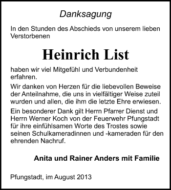 Traueranzeige von Heinrich List von Echo-Zeitungen (Gesamtausgabe)