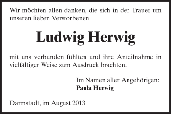 Traueranzeige von Ludwig Herwig von Darmstädter Echo, Odenwälder Echo, Rüsselsheimer Echo, Groß-Gerauer-Echo, Ried Echo