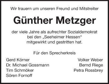 Traueranzeige von Günther Metzger von Echo-Zeitungen (Gesamtausgabe)