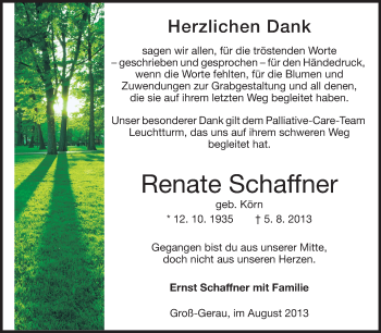 Traueranzeige von Renate Schaffner von Rüsselsheimer Echo, Groß-Gerauer-Echo, Ried Echo