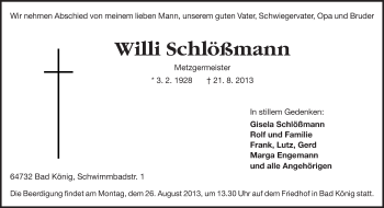 Traueranzeige von Willi Schlößmann von Odenwälder Echo