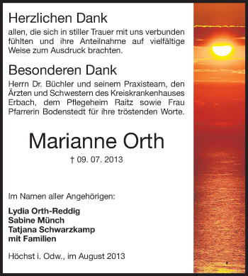 Traueranzeige von Marianne Orth von Odenwälder Echo