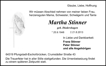 Traueranzeige von Martha Stinner von Echo-Zeitungen (Gesamtausgabe)