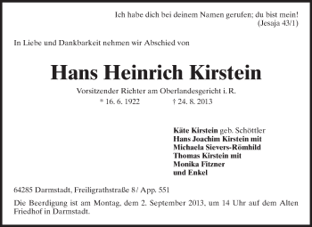 Traueranzeige von Hans Heinrich Kirstein von Echo-Zeitungen (Gesamtausgabe)