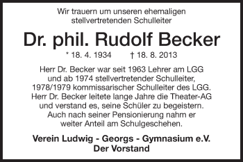 Traueranzeige von Rudolf Becker von Echo-Zeitungen (Gesamtausgabe)