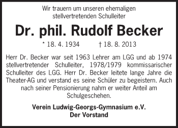 Traueranzeige von Rudolf Becker von Echo-Zeitungen (Gesamtausgabe)