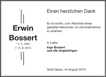 Traueranzeige von Erwin Bossert von Rüsselsheimer Echo, Groß-Gerauer-Echo, Ried Echo