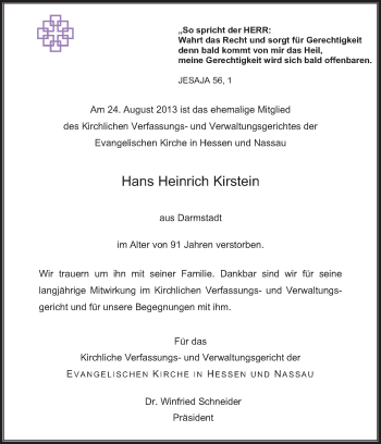 Traueranzeige von Hans Heinrich Kirstein von Echo-Zeitungen (Gesamtausgabe)