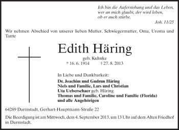 Traueranzeige von Edith Häring von Darmstädter Echo, Odenwälder Echo, Rüsselsheimer Echo, Groß-Gerauer-Echo, Ried Echo