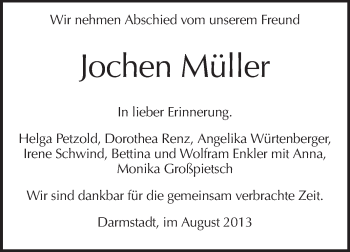 Traueranzeige von Jochen Müller von Echo-Zeitungen (Gesamtausgabe)