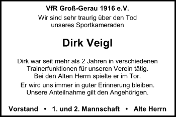Traueranzeige von Dirk Veigl von Rüsselsheimer Echo, Groß-Gerauer-Echo, Ried Echo