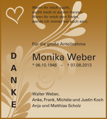 Traueranzeige von Monika Weber von Rüsselsheimer Echo, Groß-Gerauer-Echo, Ried Echo