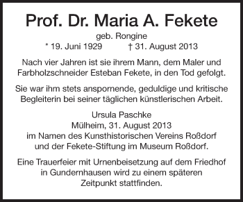Traueranzeige von Maria A. Fekete von Echo-Zeitungen (Gesamtausgabe)