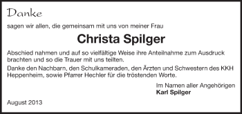 Traueranzeige von Christa Spilger von Echo-Zeitungen (Gesamtausgabe)