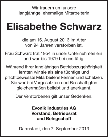 Traueranzeige von Elisabethe Schwarz von Echo-Zeitungen (Gesamtausgabe)
