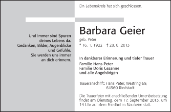 Traueranzeige von Barbara Geier von Rüsselsheimer Echo, Groß-Gerauer-Echo, Ried Echo