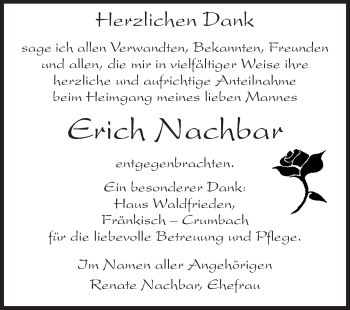 Traueranzeige von Erich Nachbar von Odenwälder Echo
