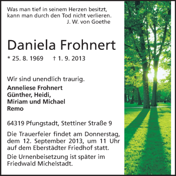 Traueranzeige von Daniela Frohnert von Echo-Zeitungen (Gesamtausgabe)