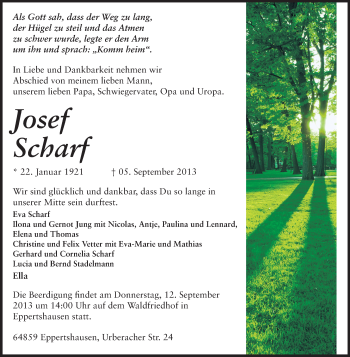 Traueranzeige von Josef Scharf von Echo-Zeitungen (Gesamtausgabe)