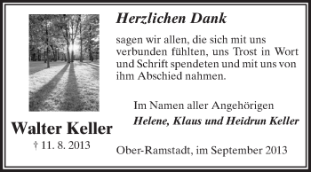 Traueranzeige von Walter Keller von Echo-Zeitungen (Gesamtausgabe)