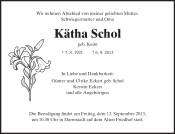 Traueranzeige von Kätha Schol von Echo-Zeitungen (Gesamtausgabe)