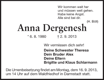 Traueranzeige von Anna Dergenesh von Echo-Zeitungen (Gesamtausgabe)