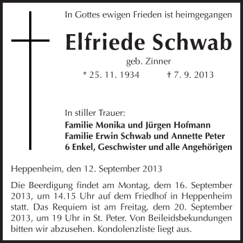 Traueranzeige von Elfriede Schwab von Starkenburger Echo