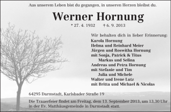 Traueranzeige von Werner Hornung von Echo-Zeitungen (Gesamtausgabe)