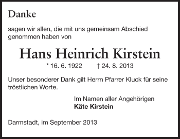 Traueranzeige von Hans Heinrich Kirstein von Echo-Zeitungen (Gesamtausgabe)