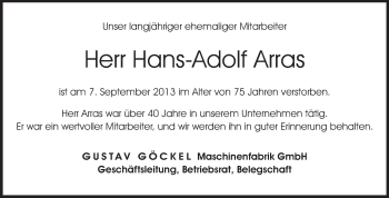 Traueranzeige von Hans-Adolf Arras von Echo-Zeitungen (Gesamtausgabe)