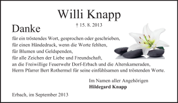 Traueranzeige von Wilhelm Knapp von Odenwälder Echo
