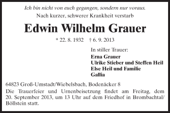 Traueranzeige von Edwin Wilhelm Grauer von Echo-Zeitungen (Gesamtausgabe)