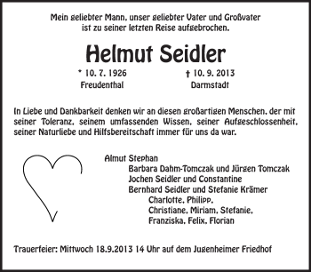 Traueranzeige von Helmut Seidler von Echo-Zeitungen (Gesamtausgabe)