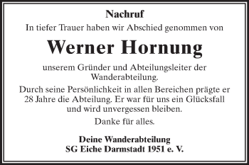 Traueranzeige von Werner Hornung von Echo-Zeitungen (Gesamtausgabe)